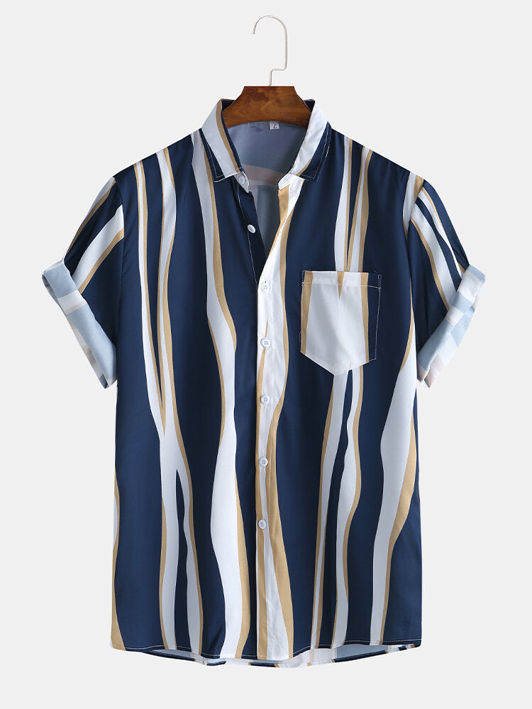 Wave Stripes Lapel Shirts & Short Length Swim Shorts