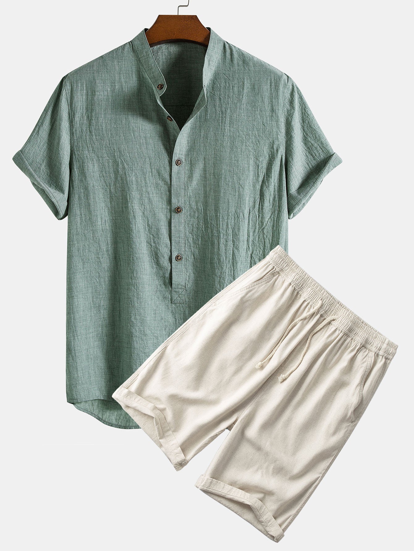 Short Sleeve Half Button Fly Henley Collar Shirt & Linen Cotton Blend 11